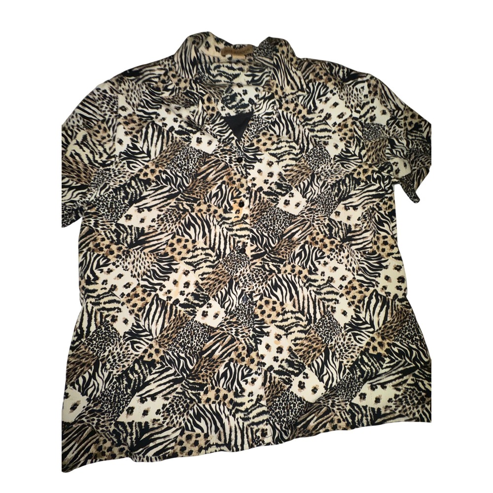 (CL) Notations XL Mixed Animal Print Patchwork Button Down Blouse Tan Black